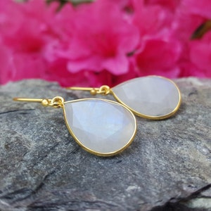 Moonstone Dangle Earrings | Shiny White Gemstone | Gold Earrings | June Birthstone | Healing Stone | Large Teardrop Earrings | Gift for Her