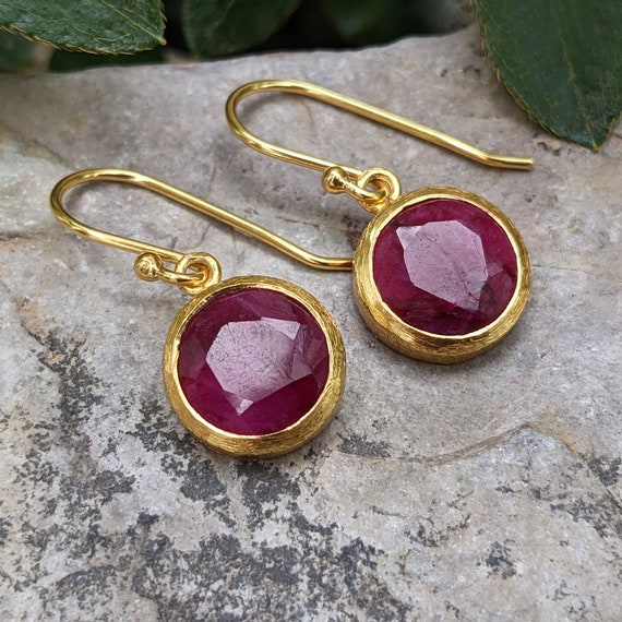 Round Ruby Gold Earrings. Dangle Drop Circle Earrings for Women