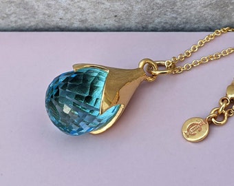 Blue Topaz Necklace. Women Gold Necklace. Blue Stone. November Birthstone. Silver Teardrop Pendants. Gift for her. Mother Wife. Christmas