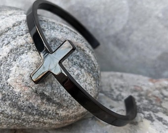 Men's Cross Bangle | Stainless Steel Bracelet in Silver or Black