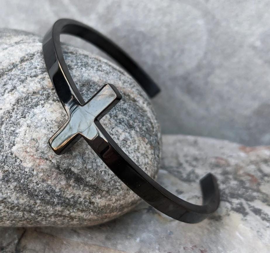 Men's Cross Bangle | Stainless Steel Bracelet in Silver or Black