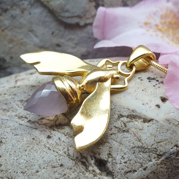 Gold Bee Necklace. Natural Gemstone Pink Chalcedony. Gold Pendant. Rose Quartz Necklace. Gift for Lovers.
