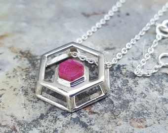 Ruby Hexagon Necklace | Gold & Silver | Three-Dimensional Geometric Pendant | July Birthstone | Gift for Her