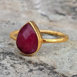 Ruby Teardrop Ring | July Birthstone Ring | Gold & Silver Options | Sizes US 5-9 | Pink Gemstone Ring | Dainty Gemstone Ring | Gift for Her