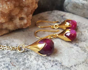 Ruby Jewellery Set. Gold Ruby Necklace 