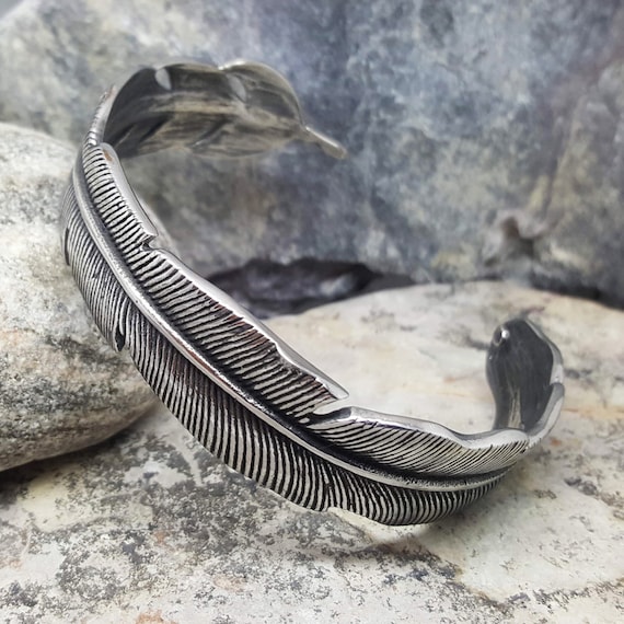 Men's Silver Leaf Bangle | Adjustable Stainless Steel Cuff
