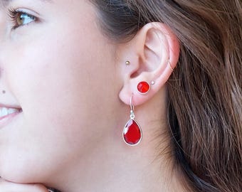 Ruby Dangle Earrings | Red Gemstone Earrings | July Birthstone Earrings | Gold & Silver Earrings | Gift for Her | Anniversary Gift