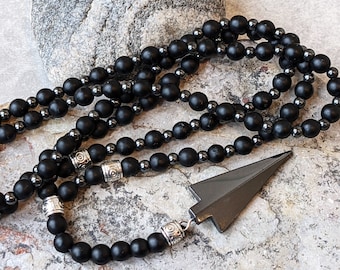 Spear Necklace | Hematite Beaded Pendant Necklace | Men&#39;s Necklace | Unisex Jewellery | Gift for Him | Stylish Jewellery
