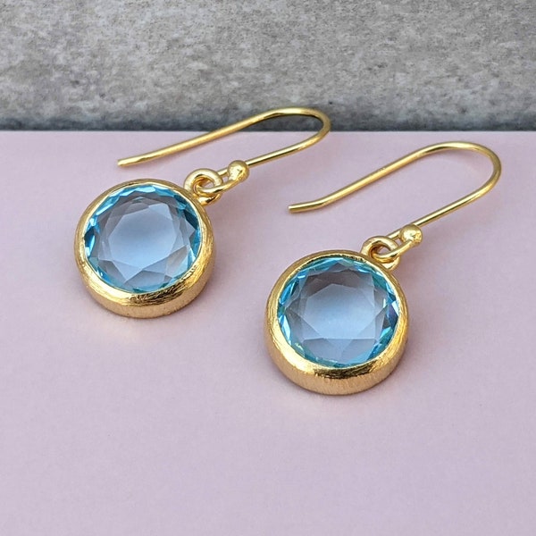 Round Circle Blue Topaz Earrings. Dangle Gold Drops. Silver earrings For Women. November Birthstone. Jewelry Gift for Her. Blue Stone