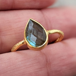 Labradorite Teardrop Ring | Blue Green Gemstone | February Birthstone Gift | Gold & Silver Options | Sizes US 5-9 | Gift for Her
