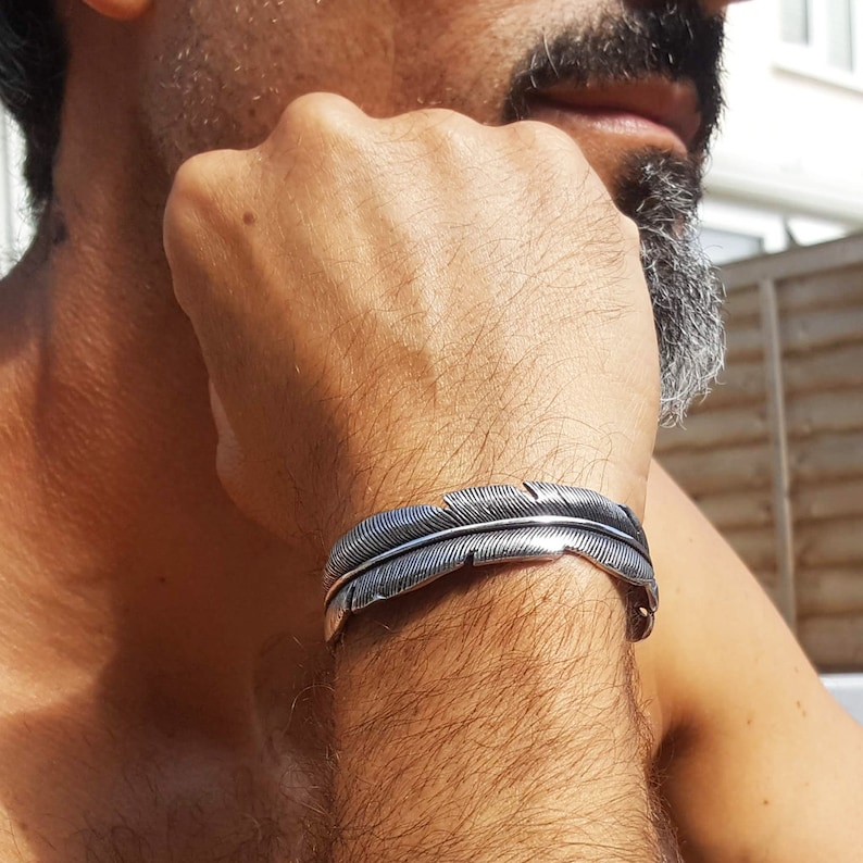 Mann Armband, Geschenk für Mann, für ihn, Silber Armband, Mann Geschenk, Feder Armband, Mann Schmuck, Manschette Armband für Mann, Vater, Ehemann, Bild 6