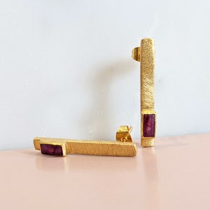 Ruby Drop Stud Earrings | Bar Stud Earrings | Gold & Silver Options | Red Gemstone | July Birthstone Jewellery | Elegant Gift for Her