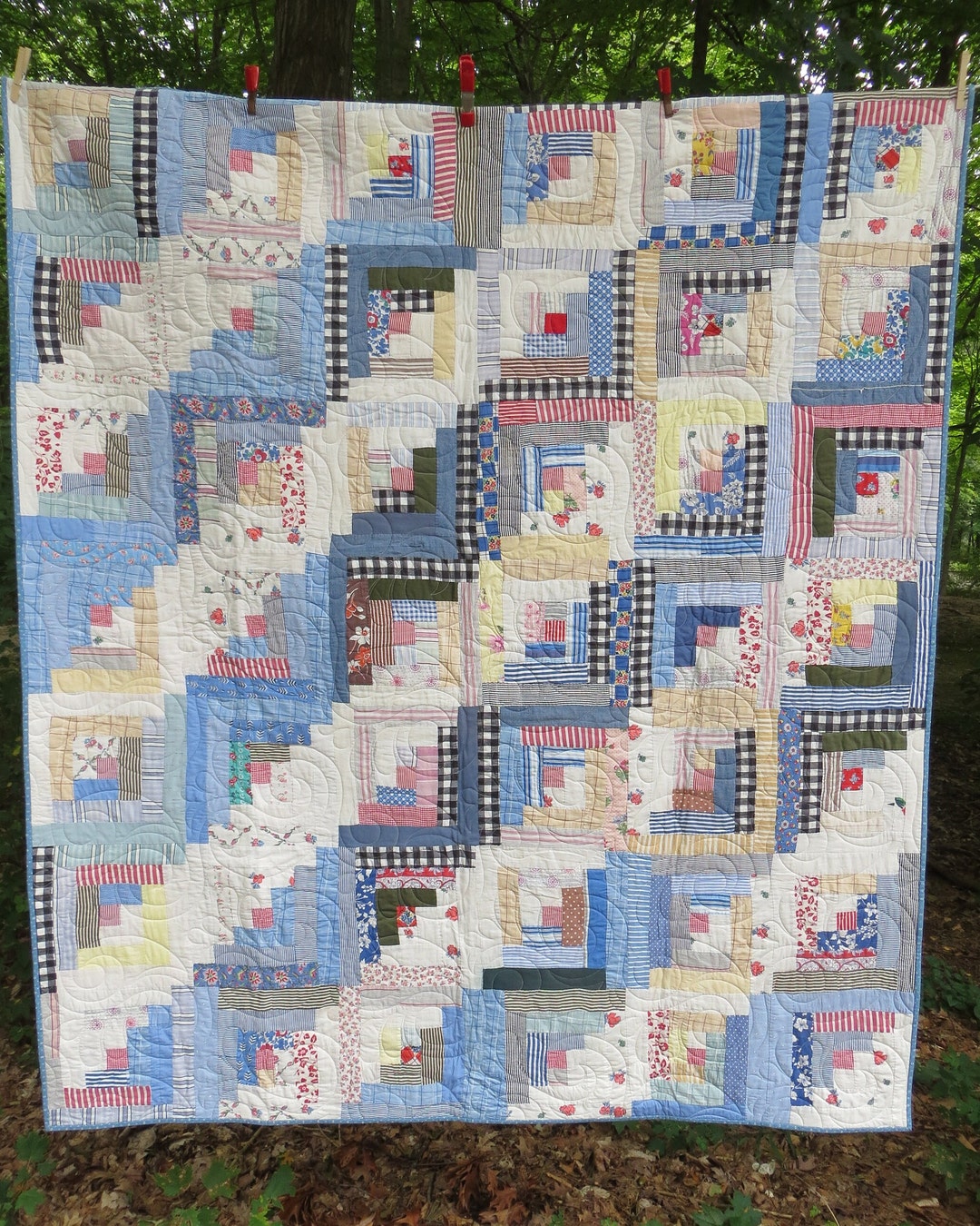 Vintage Log Cabin Quilt Top Quilted and Completed Etsy