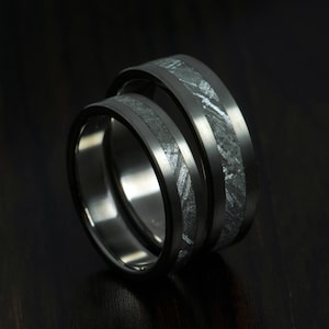 Meteorite pair, titanium wedding ring set, engagement ring, Gibeon meteorite ring