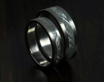 Meteorite pair, titanium wedding ring set, engagement ring, Gibeon meteorite ring