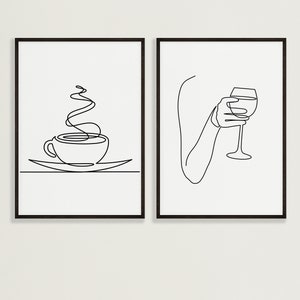 Coffee and Wine One Line Minimalist Line Art Print Set of 2⎢Set of Two Wine and Coffee Line Drawing Art Printable Kitchen Wall Decor