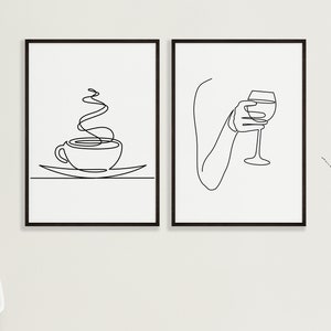 コーヒーとワインのワンラインミニマリストラインアートプリント2枚セット⎢ワインとコーヒーのラインドローイングアート2枚セット、印刷可能なキッチンの壁装飾
