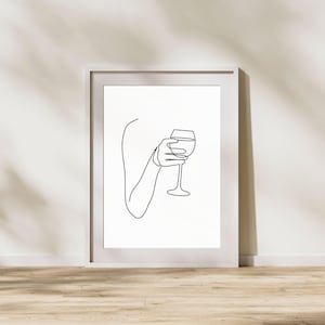 ワイングラスのミニマリストな一線画の印刷可能なアート、ミニマルなモダンな一線画のワイングラスアートプリント、エレガントなキッチンとバーカートアート