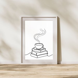 Minimalist Coffee and Books Line Art Printable, Digital Download Modern Home Decor, Coffee Lover Art,  Book Lover Gift Art