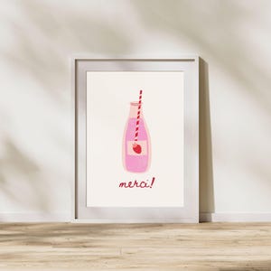 merci ストロベリーミルク ポップアートプリント、キッチンやバーカート用の印刷可能なアート、フレンチレッドとピンクのコケットウォールアートプリント