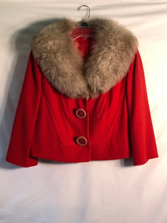 Vintage Red Wool Cropped Jacket w/Fox Fur Collar