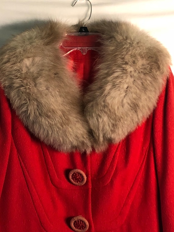 Vintage Red Wool Cropped Jacket w/Fox Fur Collar - image 3