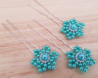 Épingles chignon mariage perles et strass bleu turquoise lot de 3