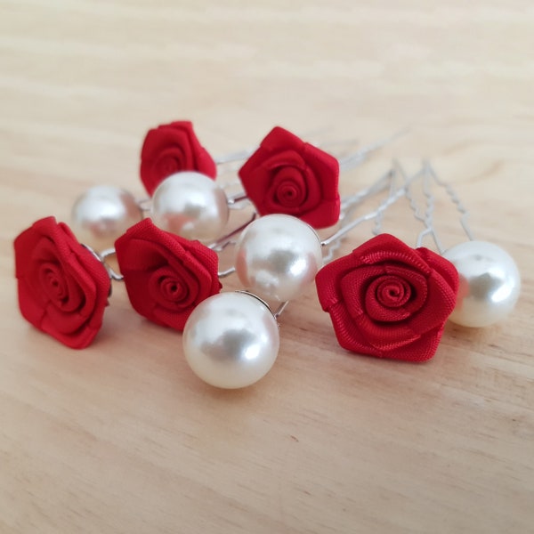 Épingles à Chignon Mariage Fleurs En Satin rouge, Perles ivoire x 10