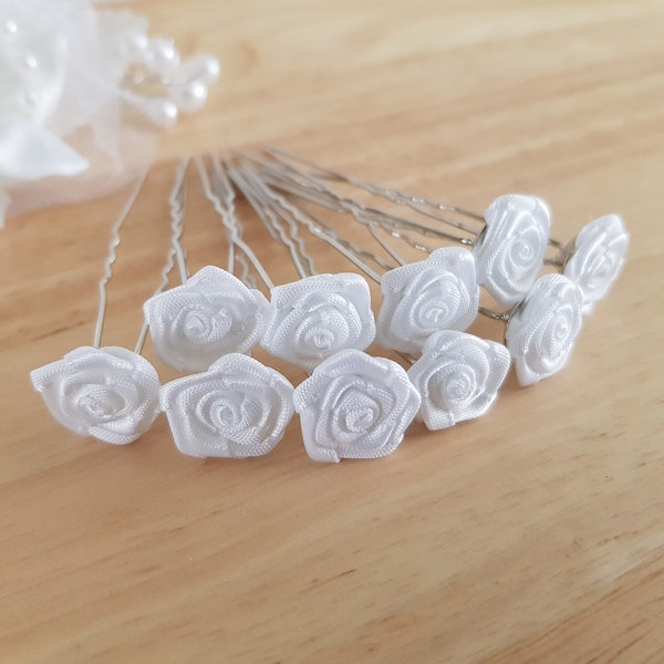 Épingles à Cheveux Chignon Mariage Roses Blanches Satin Blanc 1 lot de 10