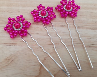 Épingles chignon mariage perles et strass rose fuchsia lot de 3