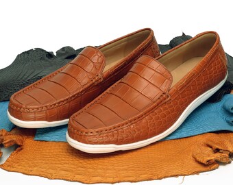 Handmade Genuine Leather Men Slip-On Sneakers, Mens Casual Shoes Green, Black, Blue, Dark Brown Alligator Men Shoes Size 7-11US