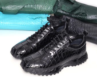 Genuine Leather Men's Sneaker - Black, Dark Brown Alligator Men Shoes Size 7-11US