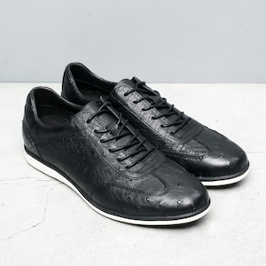 Black Ostrich Pattern Men’s Shoes, Lightweight Lace-Up Sneakers, Elegant Exotic Footwear Gift for Men