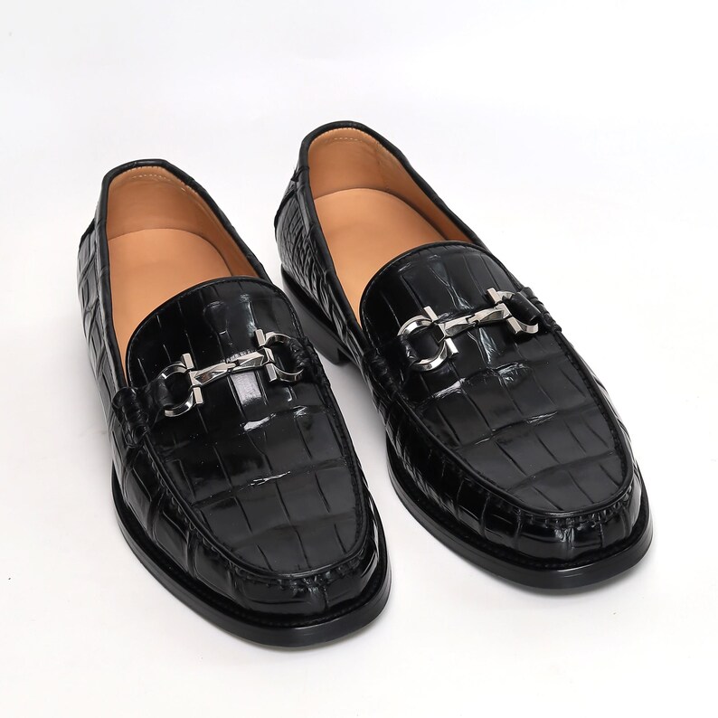 Instappers met krokodillenprint en paardenbitmotief voor heren – leren slip-on nette schoenen afbeelding 2