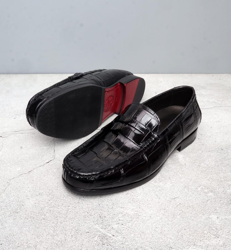 Mens Alligator Penny Loafers, Handmade Genuine Leather Slip-On Shoes, Exotic Dress Footwear image 3