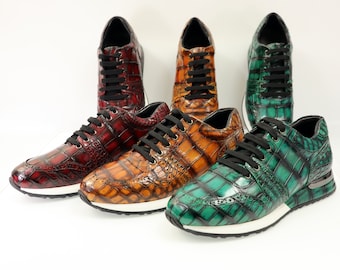 Handcrafted Alligator Patina Leather Sneakers, Men's Dress Casual Shoes