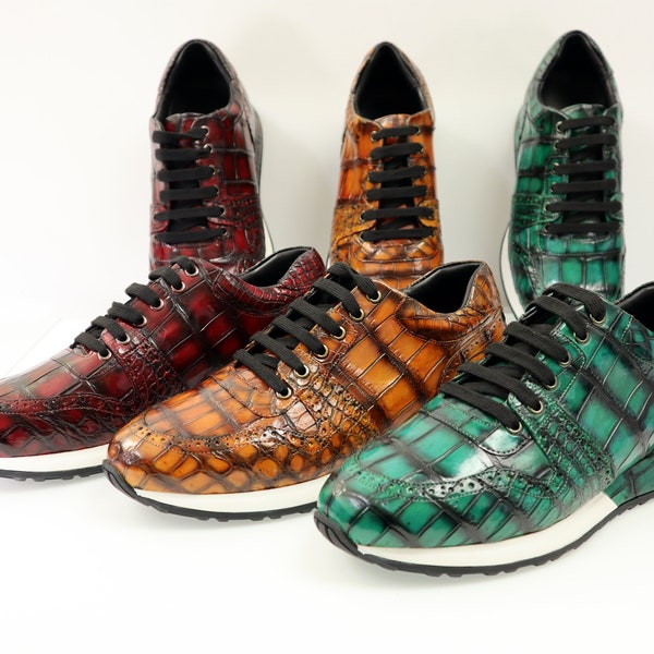 Genuine Leather Men’s Sneaker Shoes Patina Alligator Men Shoes Size 7-11US
