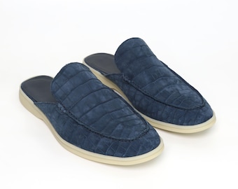 Handmade Nubuck Alligator Mules – Luxury Exotic Leather Loafers for Men, Slip-On Casual Dress Shoes