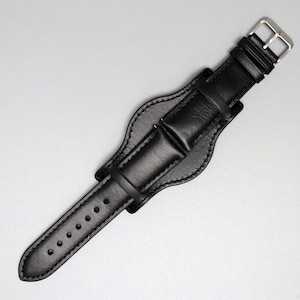Bund Strap Leather Wide Cuff Watch Band, Bund Watch Band, Genuine Black Leather Wristwatch Band, Full Bund Strap 18 20 21 22 23 24 25 26mm