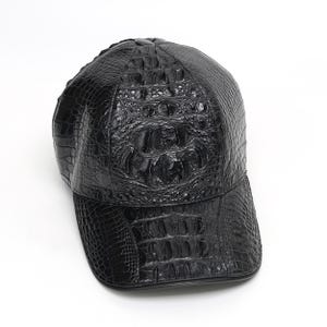 Adjustable alligator cap, handmade luxury leather baseball hat in black, front view.
