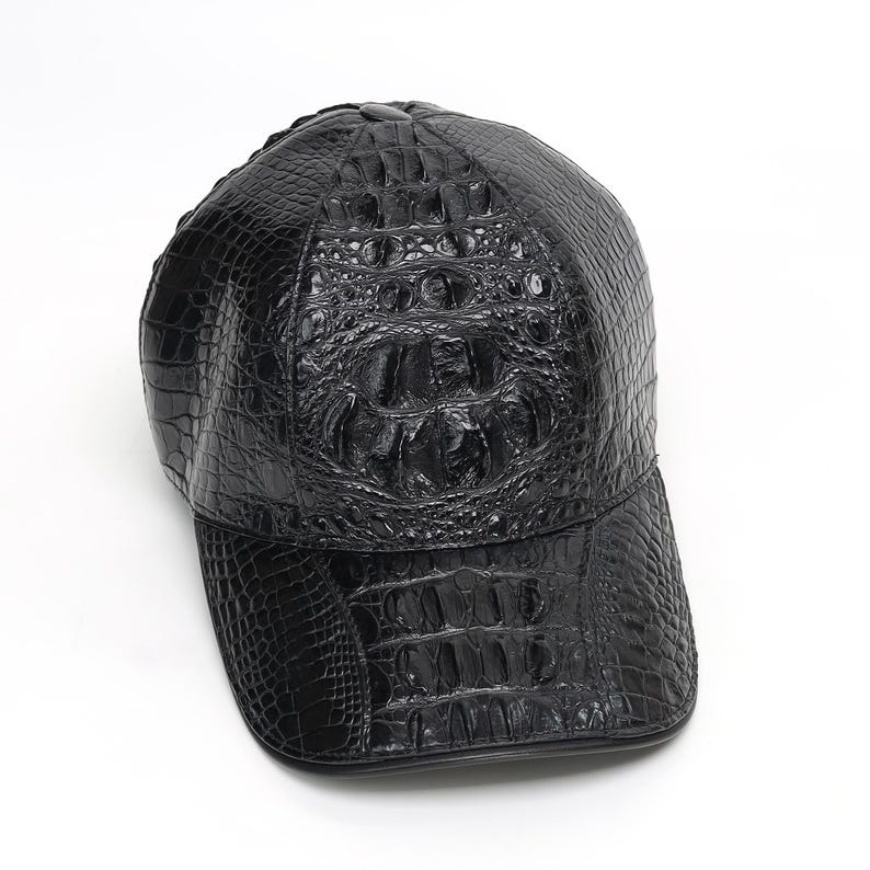 Adjustable alligator cap, handmade luxury leather baseball hat in black, front view.
