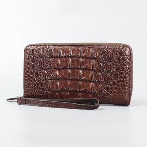Pochette longue en cuir pour homme avec fermeture à glissière, pochette à main en alligator à double fermeture éclair pour homme, portefeuille pour téléphone avec porte-cartes de voyage