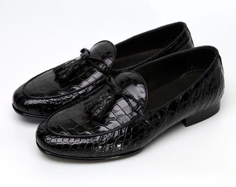 Mocasines de piel de cocodrilo hechos a mano – Negro, marrón oscuro, zapatos sin cordones de piel exótica con borlas para hombre, mocasines formales de lujo