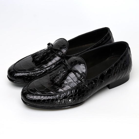 Handmade Alligator Loafers – Black, Dark Brown Exotic Leather Tassel Slip-On Shoes for Men, Luxury Formal Moccasins