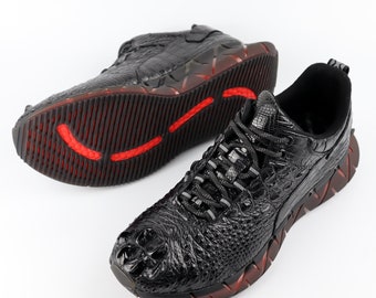 Black Alligator Leather Men's Sneakers, Lightweight Casual Footwear Size 7-11US