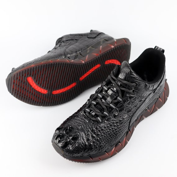 Black Alligator Men Shoes, Genuine Leather Sneakers for Men Size 7-11US, Casual Handmade Leather Shoes, Lightweight Durable Footwear