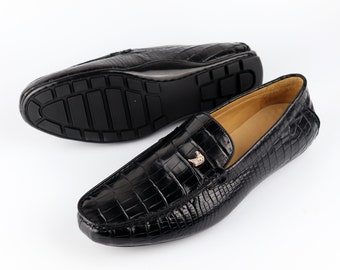 Genuine Leather Men's Shoes Black Alligator Slip-On Loafer Men Shoes Size 7-11US #831