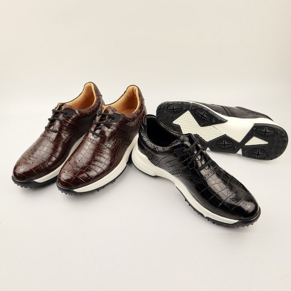 Belly Genuine Leather Men's Shoes Black , Dark Brown Alligator Golf Men Shoes Size 7-11US #885