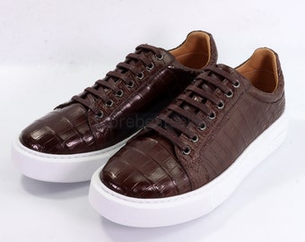Alligator Low-Top Sneakers for Men – Handmade Dress Sneakers in Dark Brown, Black, Blue