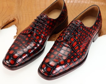 Genuine Leather Men’s  Derby Perforated Lace-Up Dress Shoes Patina Alligator Men Shoes Size 7-14US